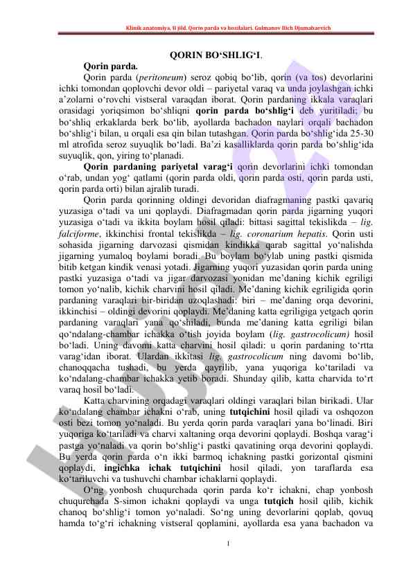 Klinik anatomiya qorin parda va hosilalari