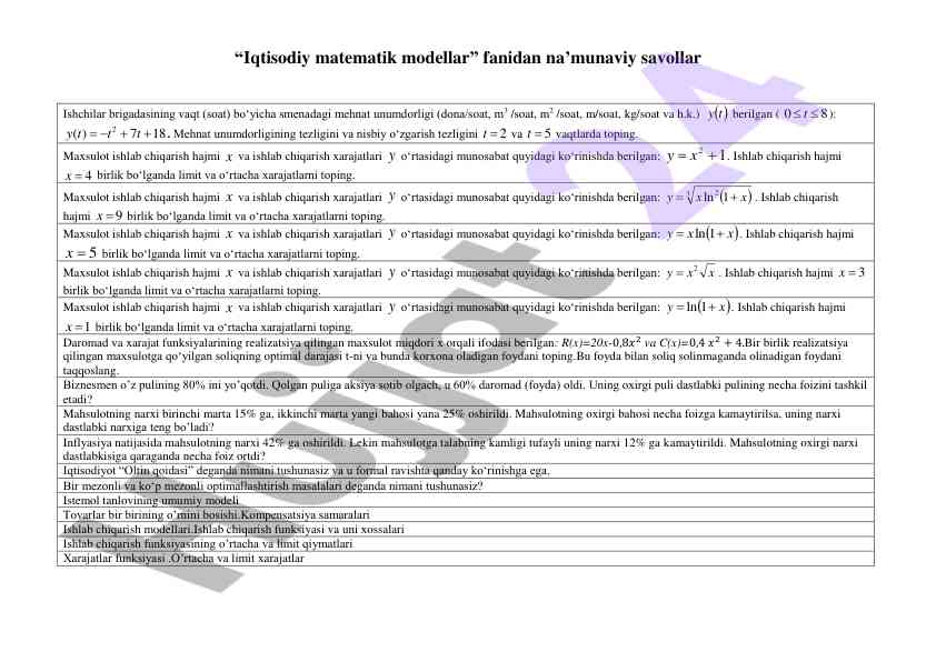 Iqtisodiy matematik modellar savollari