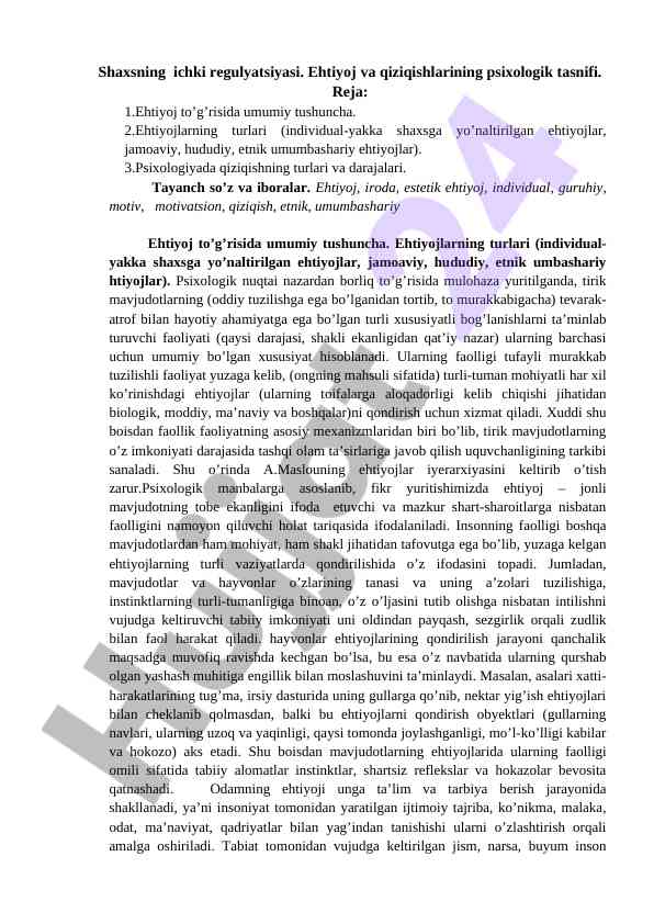 Shaxsning ichki regulyatsiyasi va psixologik tasnifi