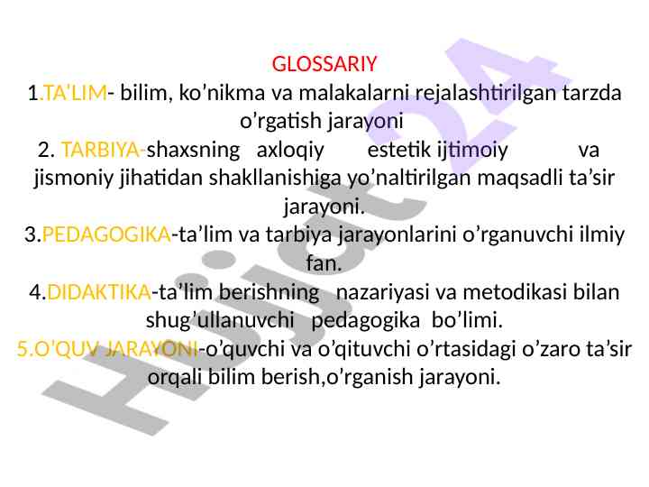 Ta’lim va tarbiya jarayonlari glossariysi