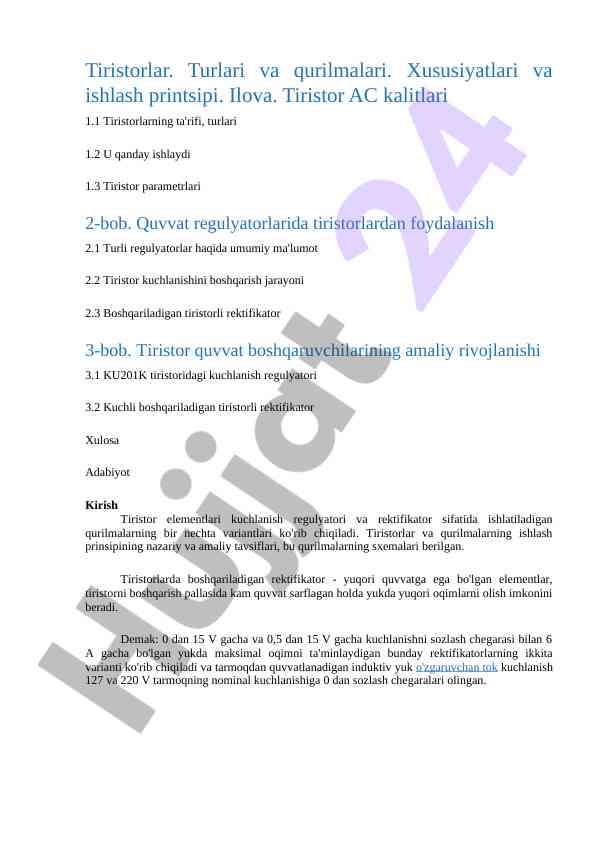 Tiristorlar turlari va qurilmalari xususiyatlari