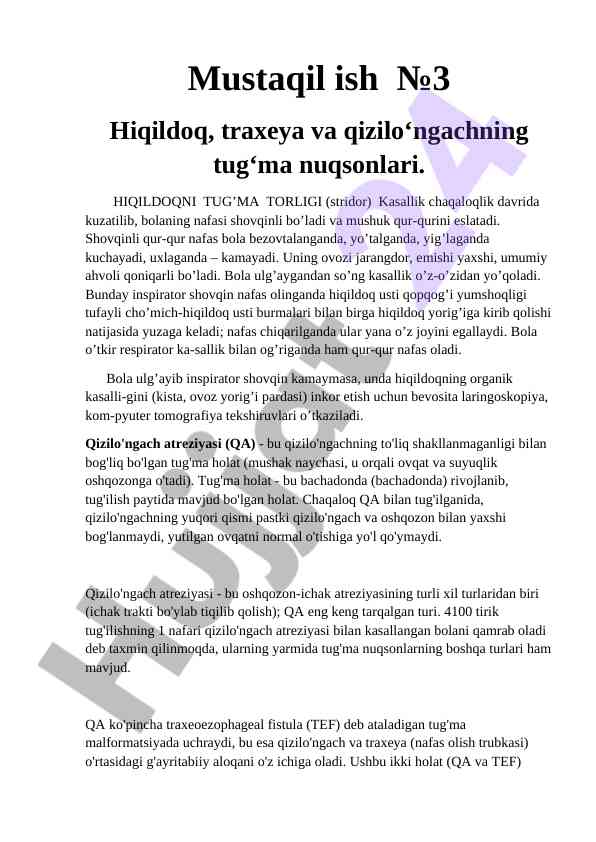 Hiqildoq va qizilo‘ngachning tug‘ma nuqsonlari