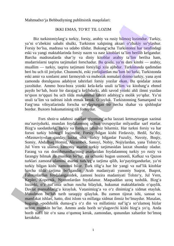 Mahmudxo‘ja behbudiyning publitsistik maqolalari