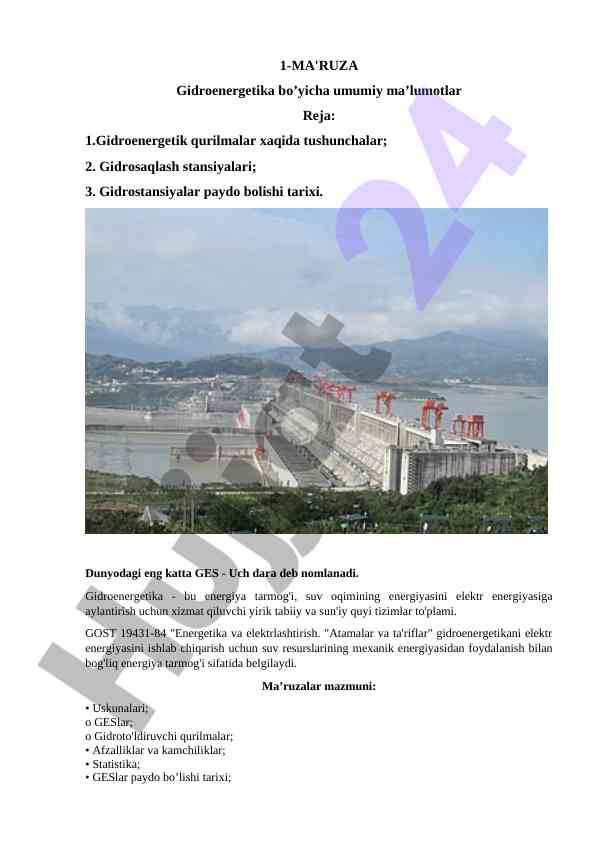 Gidroenergetika bo'yicha umumiy ma'lumotlar
