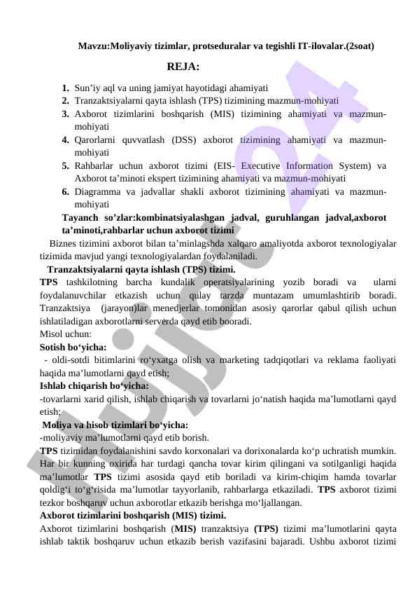 Moliyaviy tizimlar va axborot texnologiyalari