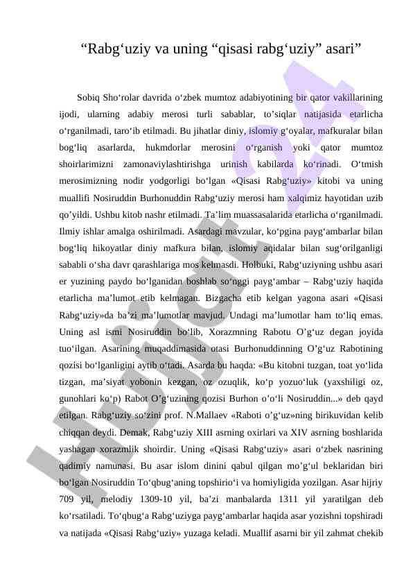 Rabg‘uziy va qisasi rabg‘uziy asari tahlili