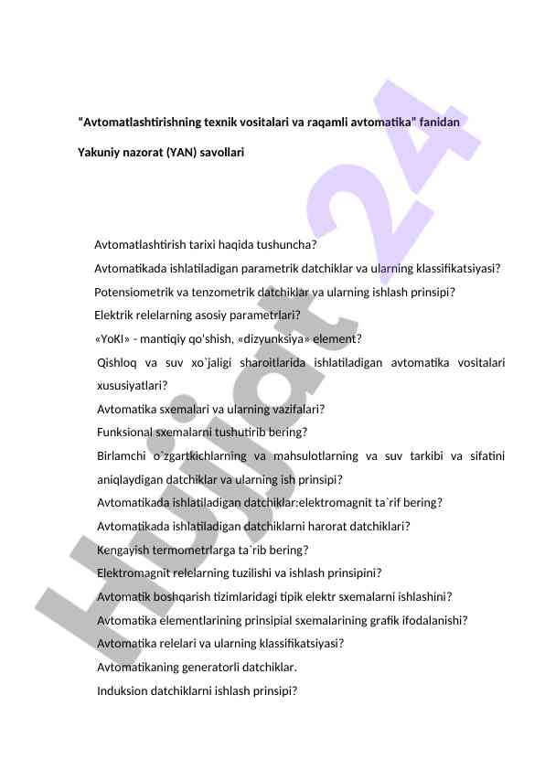 Avtomatlashtirish va raqamli avtomatika savollari