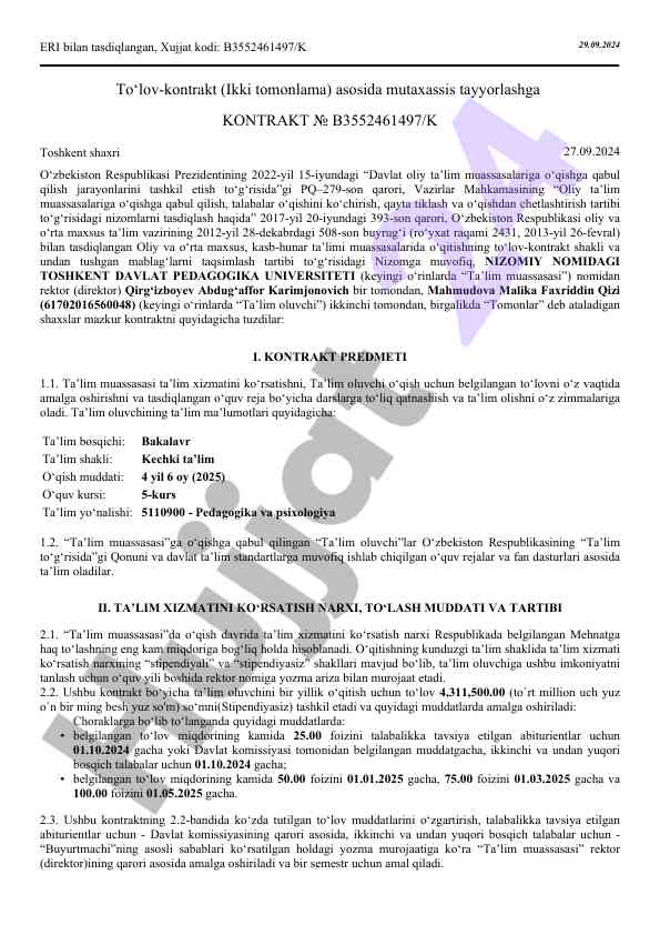 Mutaxassis tayyorlash kontrakti oliy ta'limda