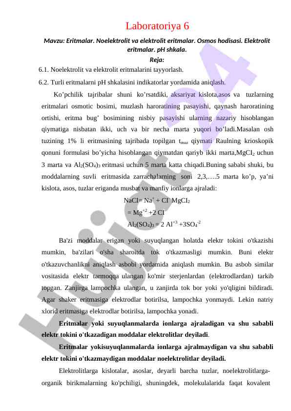 Eritmalar va elektrolitlar laboratoriya tajribalari
