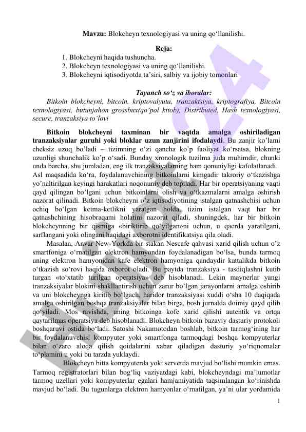 Blokcheyn texnologiyasi va uning qoʻllanilishi