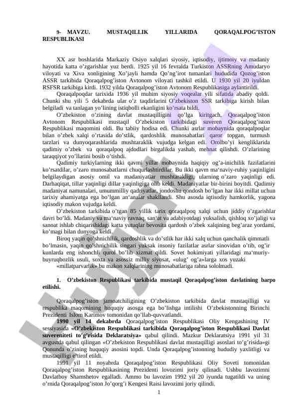 Qoraqalpog'iston respublikasi tarixi va siyosiy o'zgarishlar