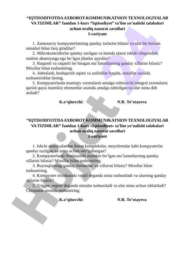 Iqtisodiyotda axborot texnologiyalari savollari