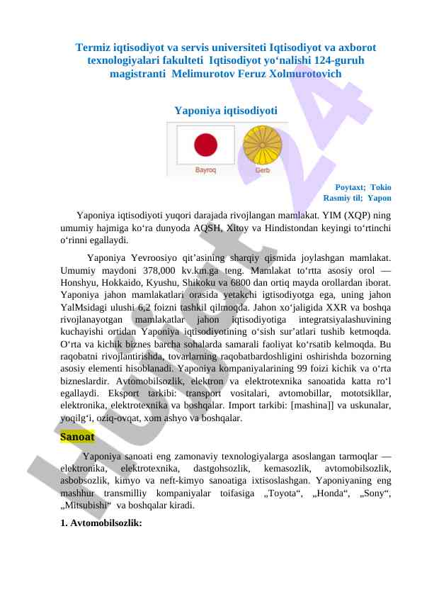 Yaponiya iqtisodiyoti va rivojlanish dinamizmi