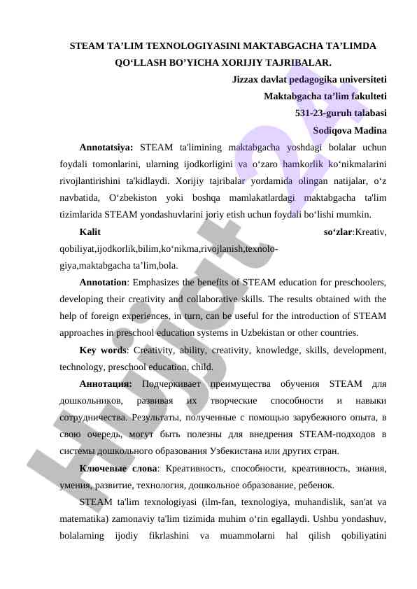 Steam ta'lim texnologiyasini maktabgacha ta'limda qo'llash