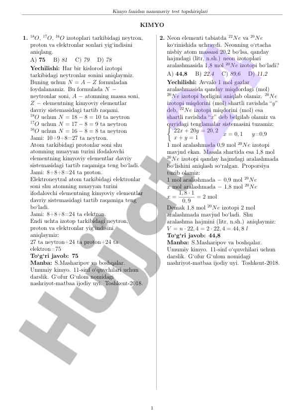 Kimyo fanidan namunaviy test topshiriqlari