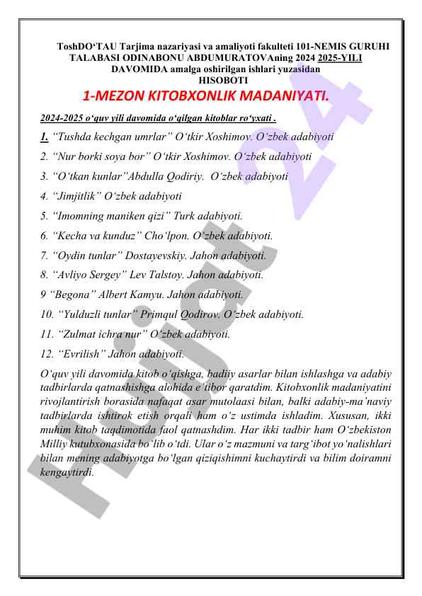 O‘quv yili davomida kitobxonlik madaniyatiga hisobot