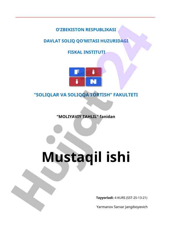 Moliya tahlili mustaqil ishining tahlil loyihasi