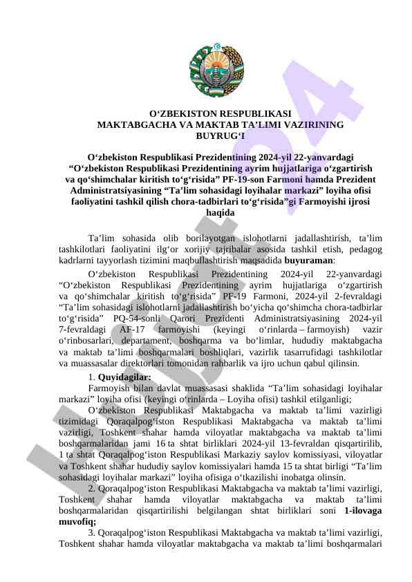 Oʻzbekiston prezidentining taʼlimda islohotlar buyrugʻi