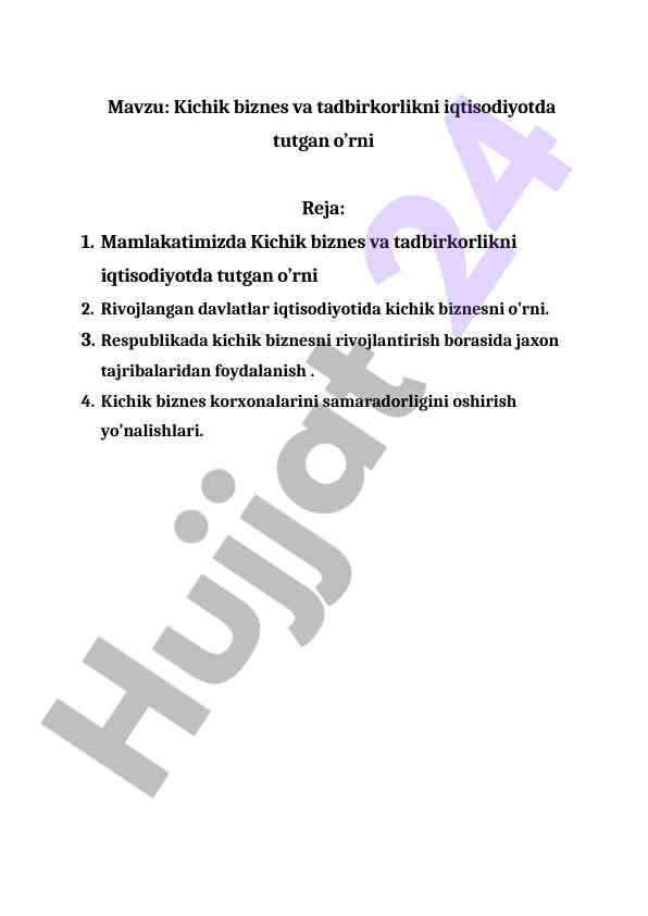 Kichik biznes va tadbirkorlik iqtisodiyotdagi o’rni