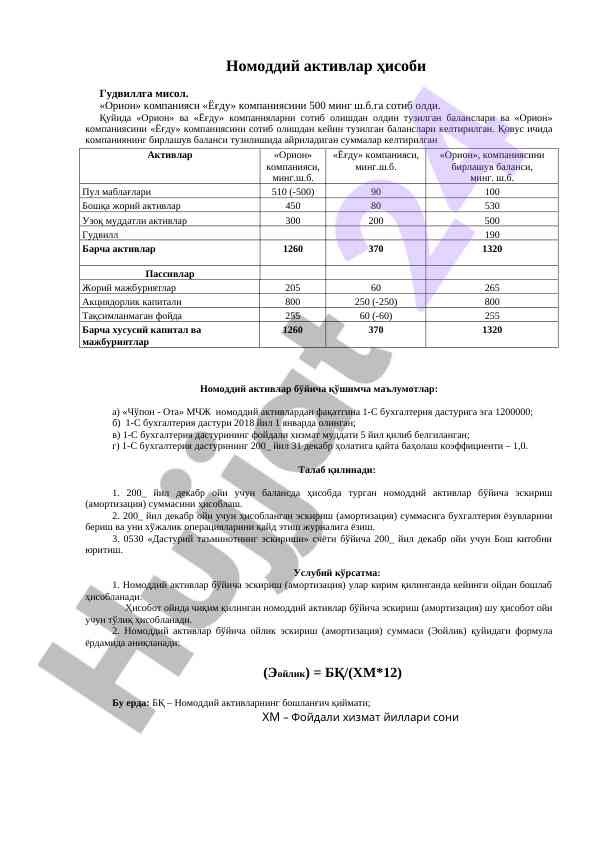 Nomoddiy aktivlar hisobi gudvillga misol
