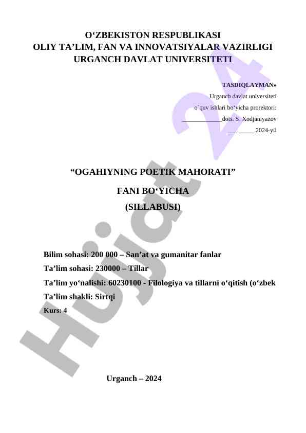 Ogahiyning poetika tajribasi - sillabi 2024