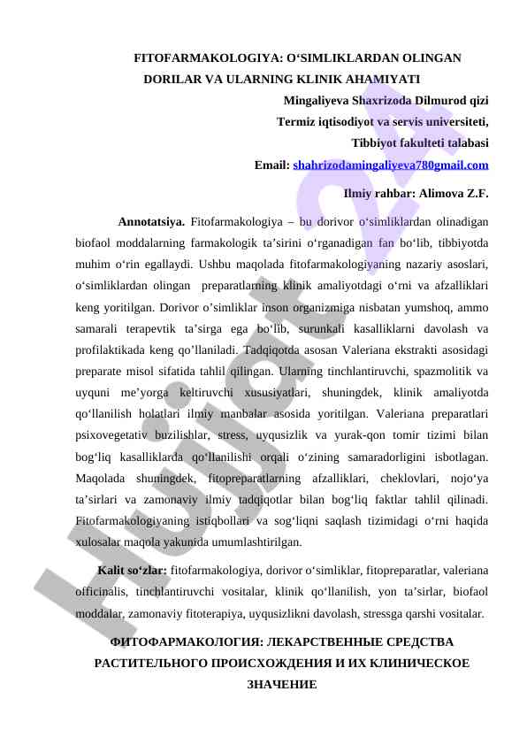 Fitofarmakologiya o'simliklardan olingan dorilar