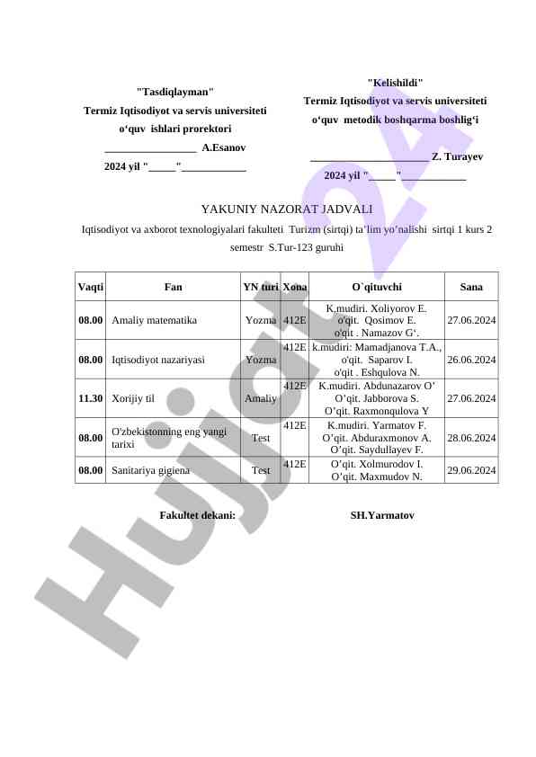 Yakuniy nazorat jadvali