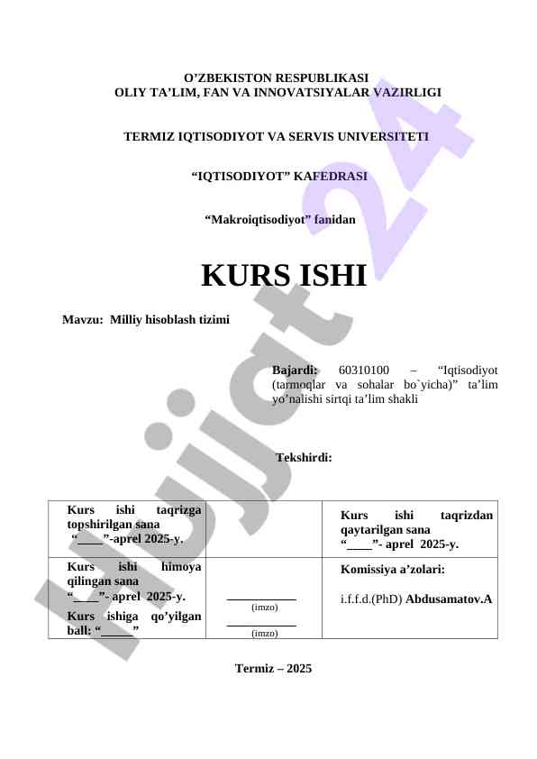 Milliy hisoblash tizimi kurs ishining tahlili