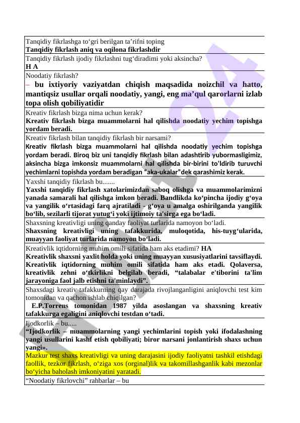 Tanqidiy Fikrlash Va Kreativ Fikrlash