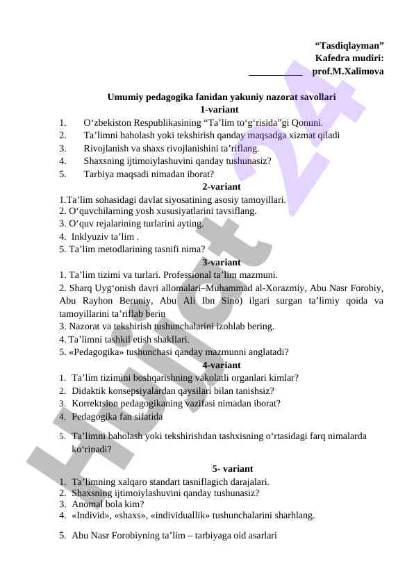 Umumiy pedagogika fanidan yakuniy nazorat savollari