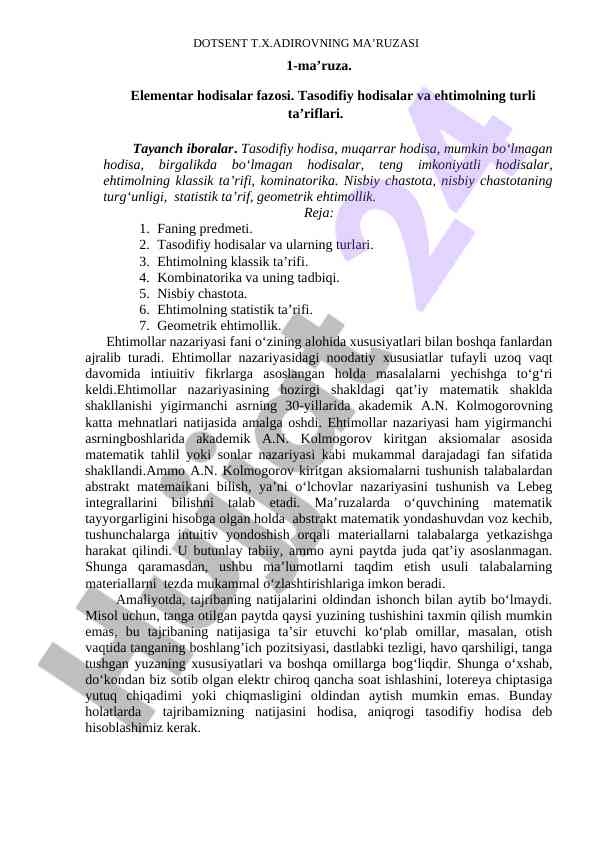 Ehtimollar nazariyasi va tasodifiy hodisalar