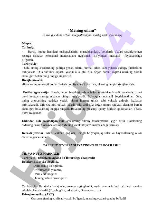 Oila haqida integrallashgan mashg`ulot ishlanmasi