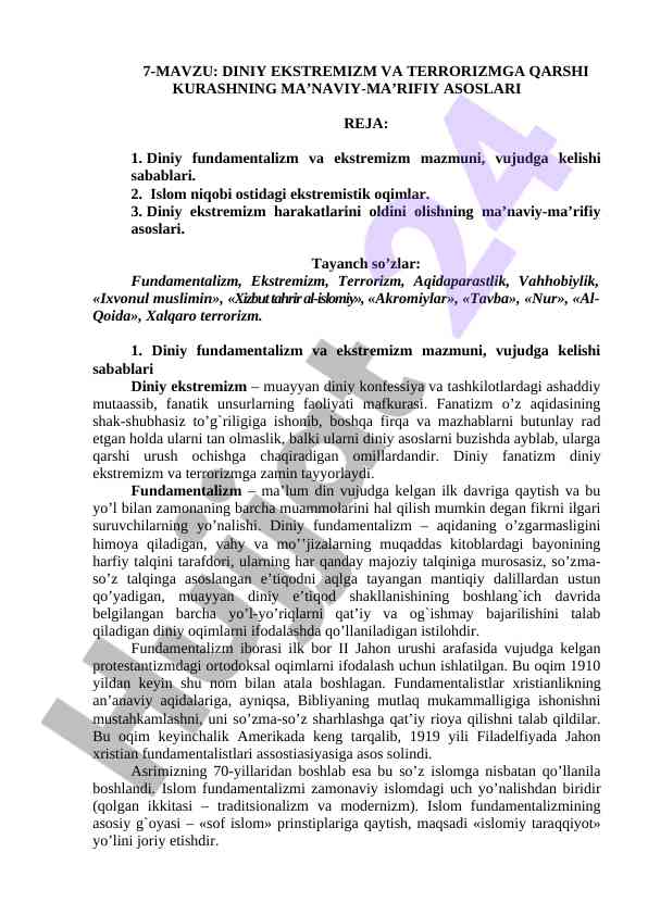 Diniy ekstremizm va terrorizmga qarshi kurash asoslari