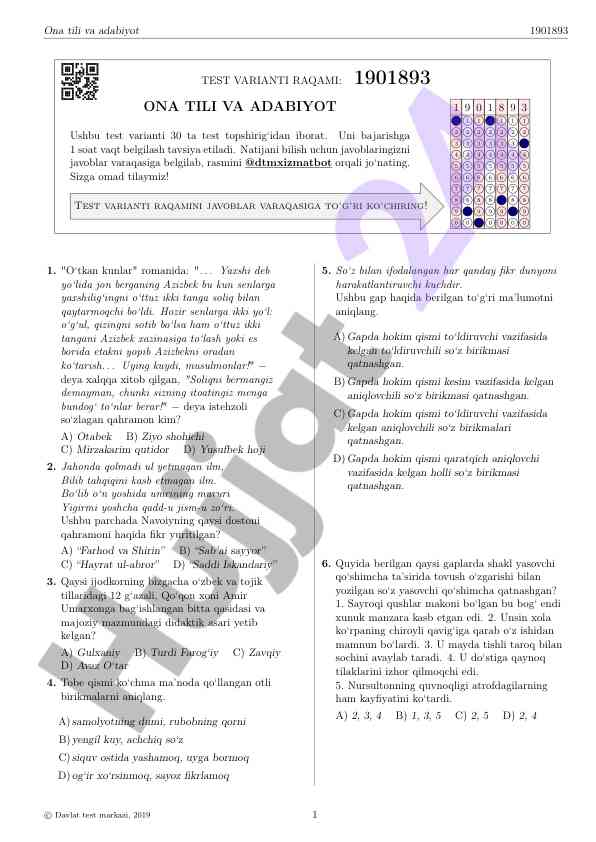 Ona tili va adabiyot test variantlari