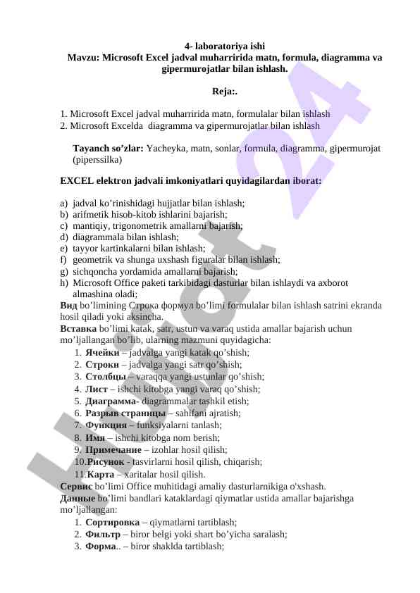 Microsoft excel jadval muharriri bilan ishlash