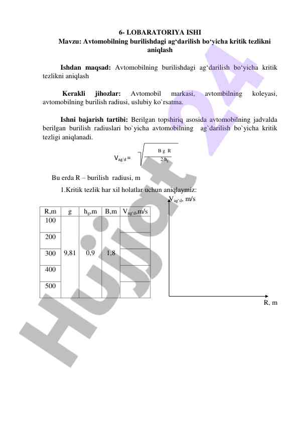 Avtomobilning burilishdagi ag‘darilishining tezlik hisobi