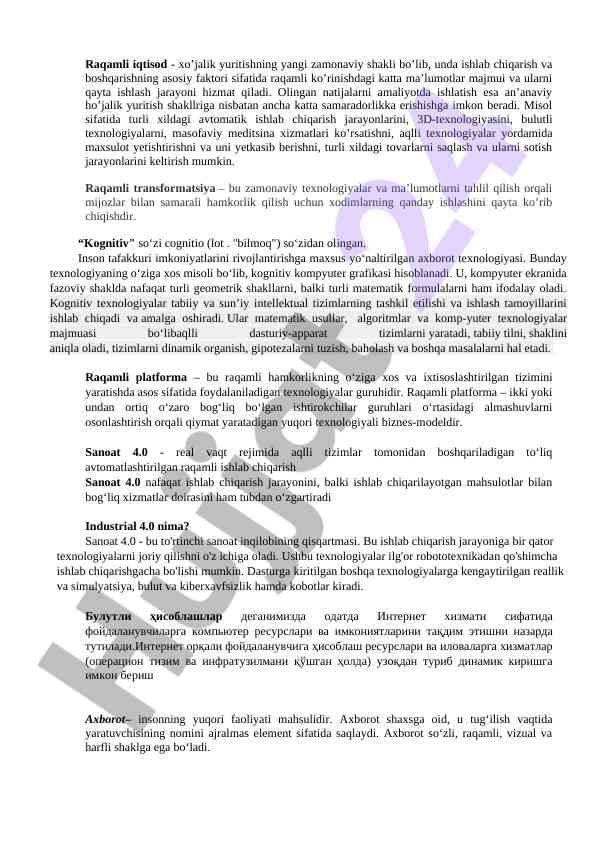 Raqamli iqtisod va zamonaviy texnologiyalar