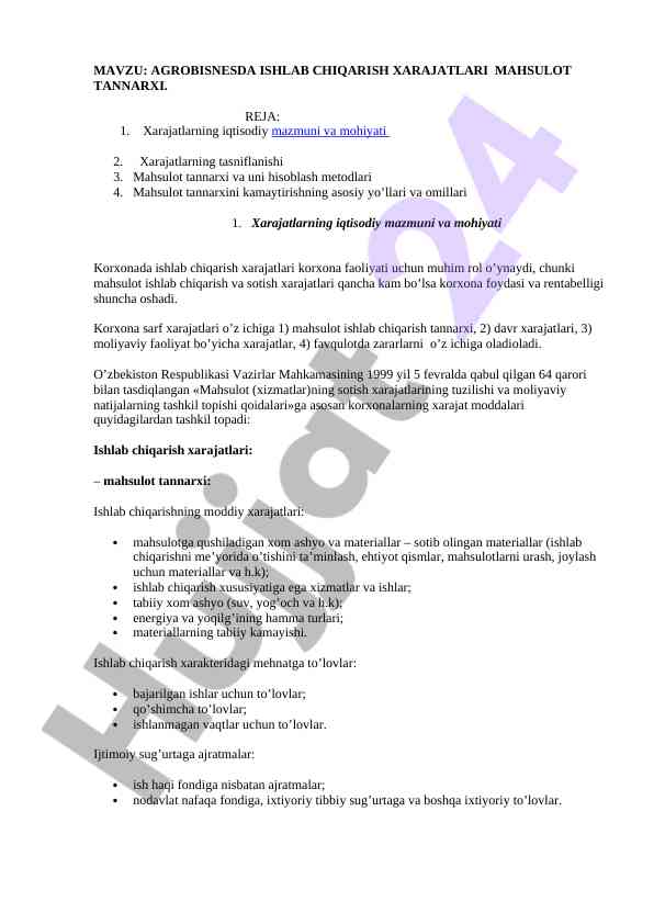 Agrobiznesda ishlab chiqarish xizmatlari mahsulot tannarxi