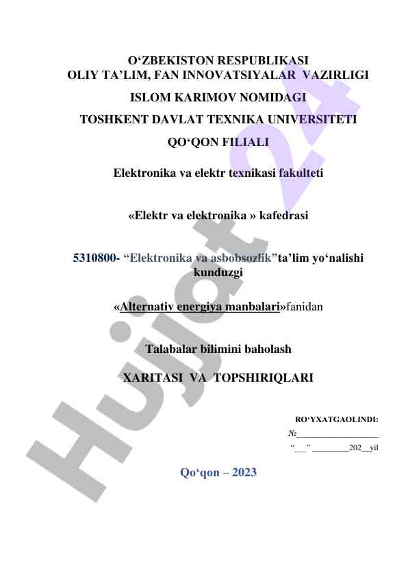 Alternativ energiya manbalari fanidan baholash xaritasi