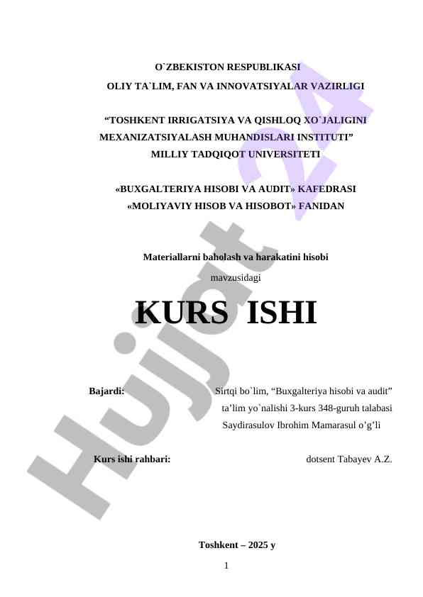 Materiallarni baholash va harakatini hisobi mavzusi