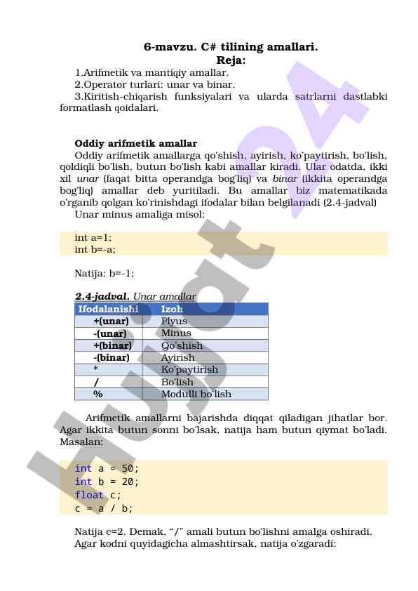 C# tili amallari va operator turlari