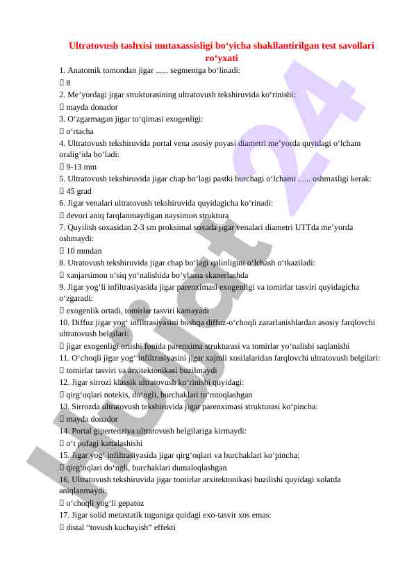 Ultratovush tashxisi bo‘yicha test savollari