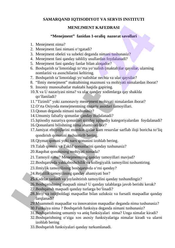 Menejment fanidan 1-oraliq nazorat savollari