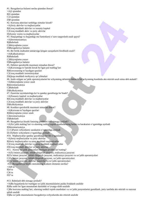 Buxgalteriya balansi va aktivlar mavzusi test