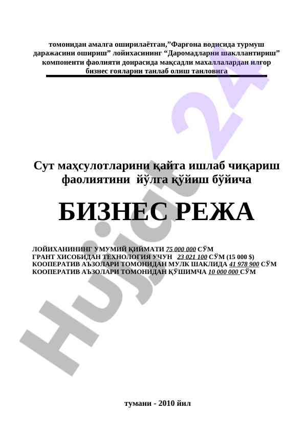 Biznes reja loyihasining umumiy qiymati 75 000 000 so'm