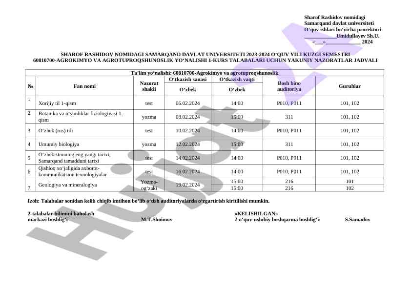 Yakuniy nazoratlar jadvali agrokimyo 2023-2024