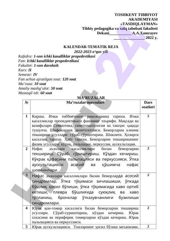 Ichki kasalliklar propedevtikasi kafedrasi tematik reja