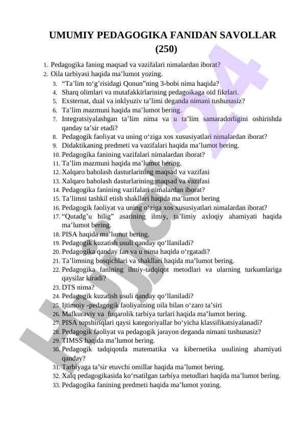 Umumiy pedagogika fanidan savollar