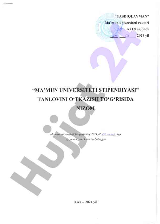 Ma’mun universiteti stipendiyasi tanlovi nizomi 2024