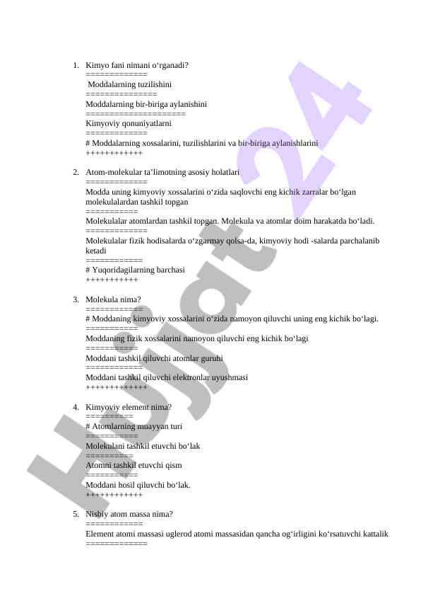 Kimyo fani moddalarning tuzilishi va xossalari